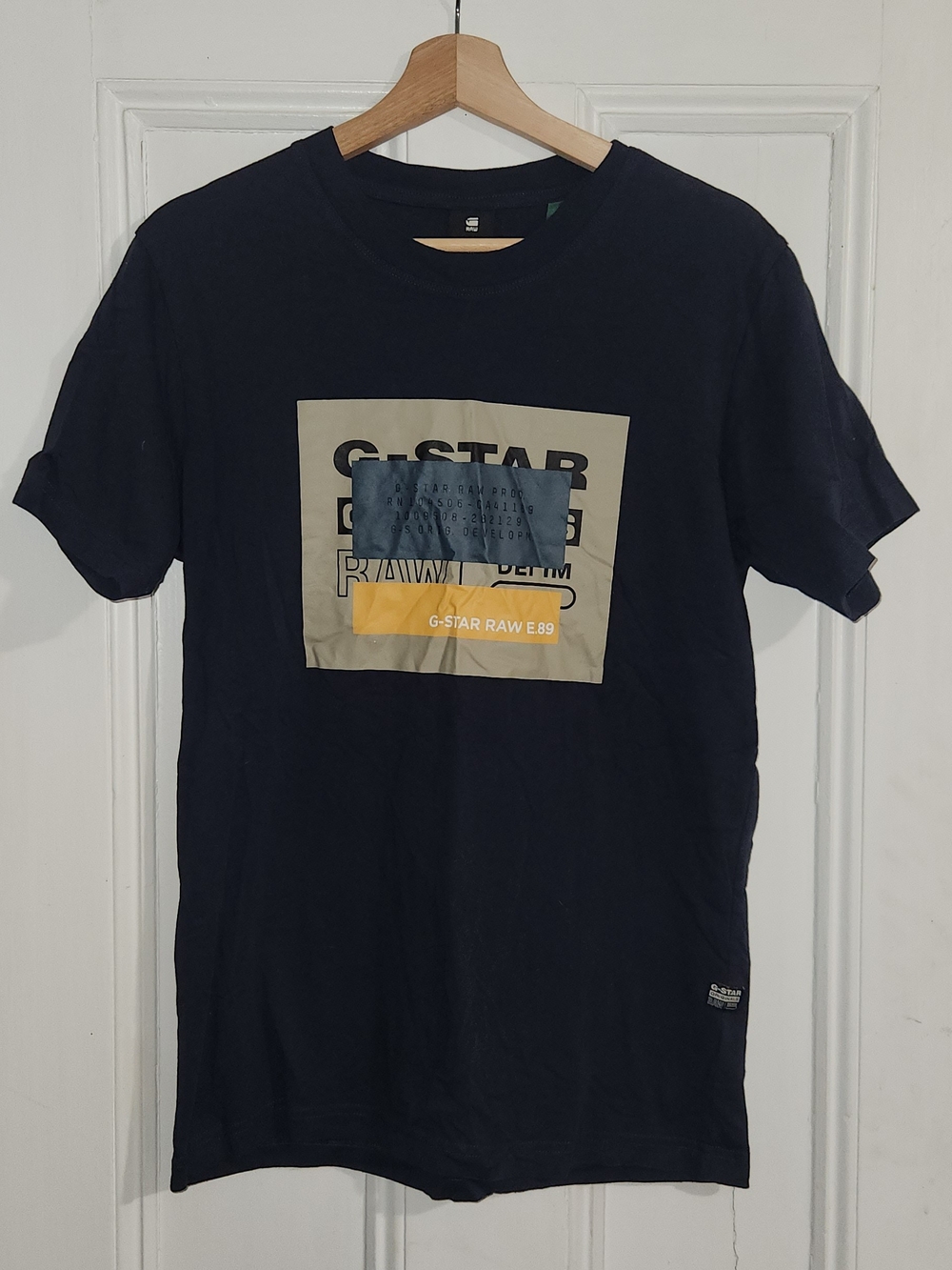 G-Star Navy Graphic Patch Logo Tee with Yellow Accent
